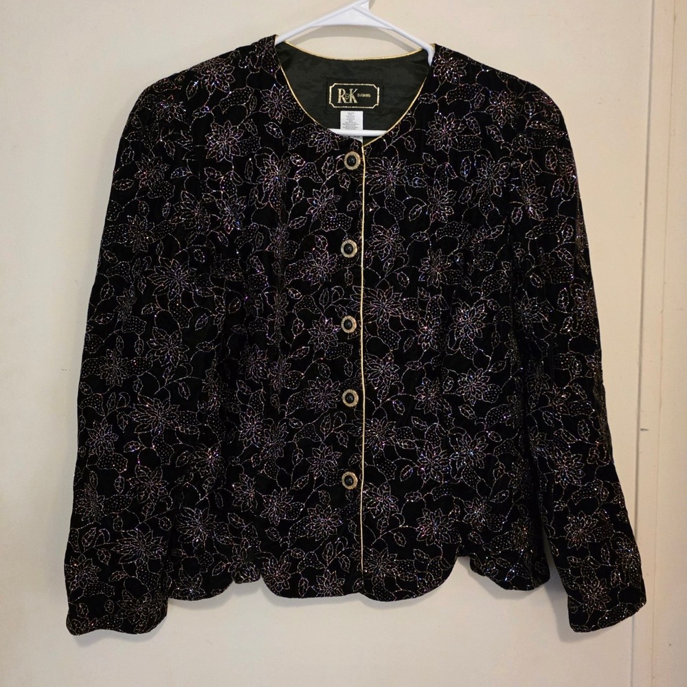 R&K Evening Womens Jacket Missy Size 14 Black Velvet Metallic Floral Scalloped